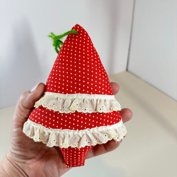 Vintage Handmade Christmas Ornament Red Polka Dot Eyelet Tree Soft Plush Stuffed - Picture 2 of 6